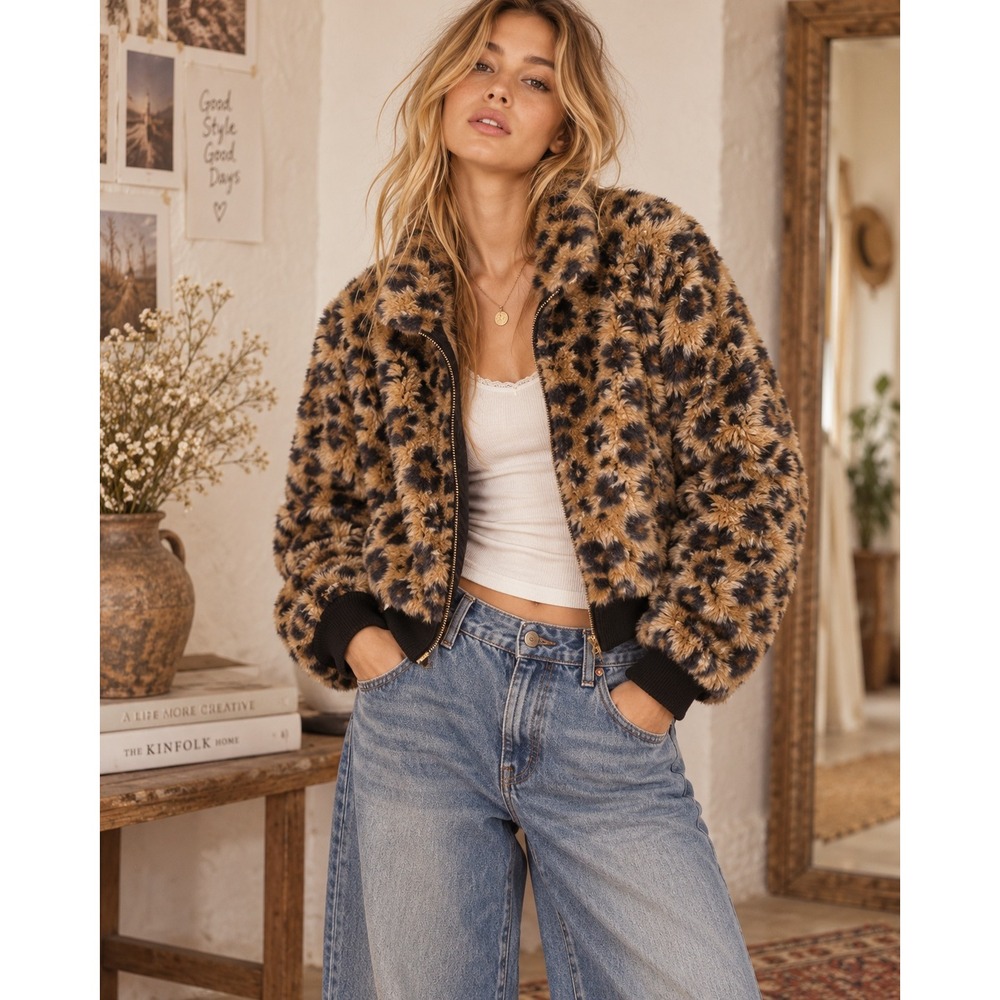 Burt's Bees Leopard Print Faux Fur Bomber Jacket Brown Black XXL/2XG